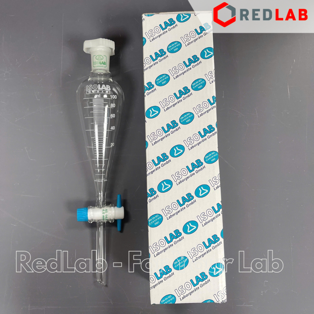 Phễu chiết quả lê ISOLAB khóa Teflon 50 100 250 500 1000 2000 ml, bình lắng gạn chia vạch, separating funnels, có VAT