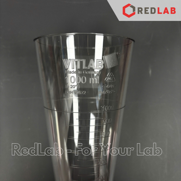 Phễu Imhoff 1000ml VITLAB code 75991, nhựa SAN, khoá PP, chia vạch xác định chất rắn lơ lửng, có VAT