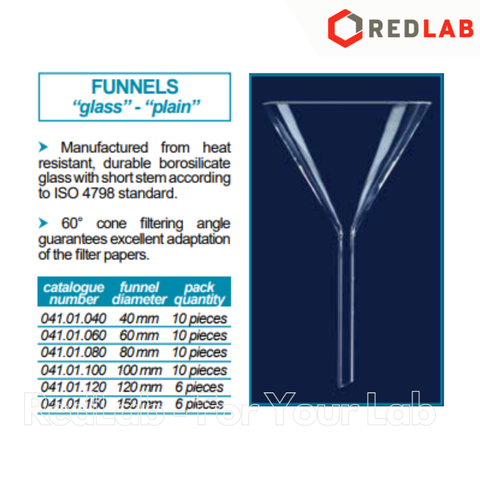 Phễu thủy tinh ISOLAB Ø 40 60 80 100 120 mm, dùng chiết rót dung dịch, mẫu thí nghiệm, glass funnels, có VAT