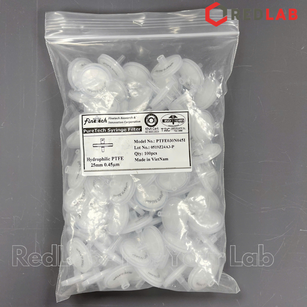 Đầu lọc Syringe PTFE đường kính 25mm, lỗ lọc 0.22um và 0.45µm không tiệt trùng Finetech PTFE030N022I và PTFE030N045I, giá tốt, có VAT