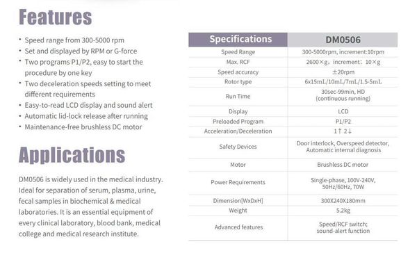 Máy ly tâm DLAB DM0506 (9034002129) max 5000 rpm, 6 ống 15 / 10 / 7 / 1.5-5 ml, màn hình LCD, có VAT