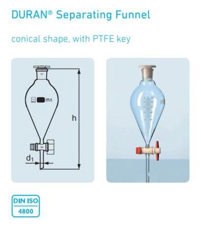 Phễu chiết quả lê DURAN khóa nhựa PTFE 100 250 500 1000 ml, bình lắng gạn thuỷ tinh chia vạch thí nghiệm, có VAT