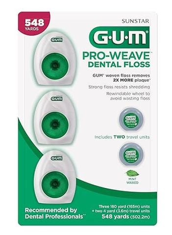 GUM Pro-Weave Dental Floss Mint – Chỉ Nha Khoa Chống Tưa, Hương Bạc Hà, 3 Cuộn Lớn + 2 Mini
