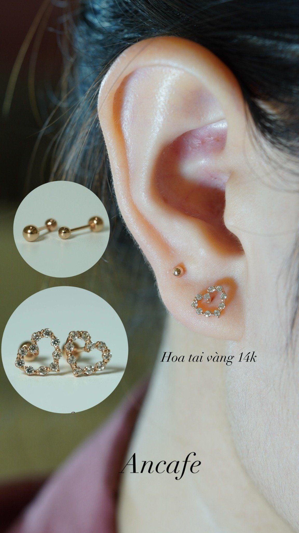 Hoa tai vàng 14K trái tim đính đá viền