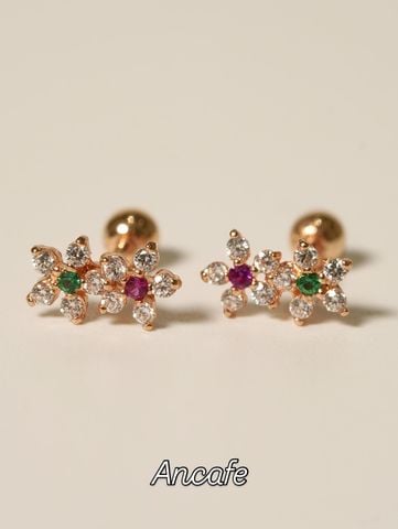  Hoa tai vàng 14K 2 bông hoa ghép 