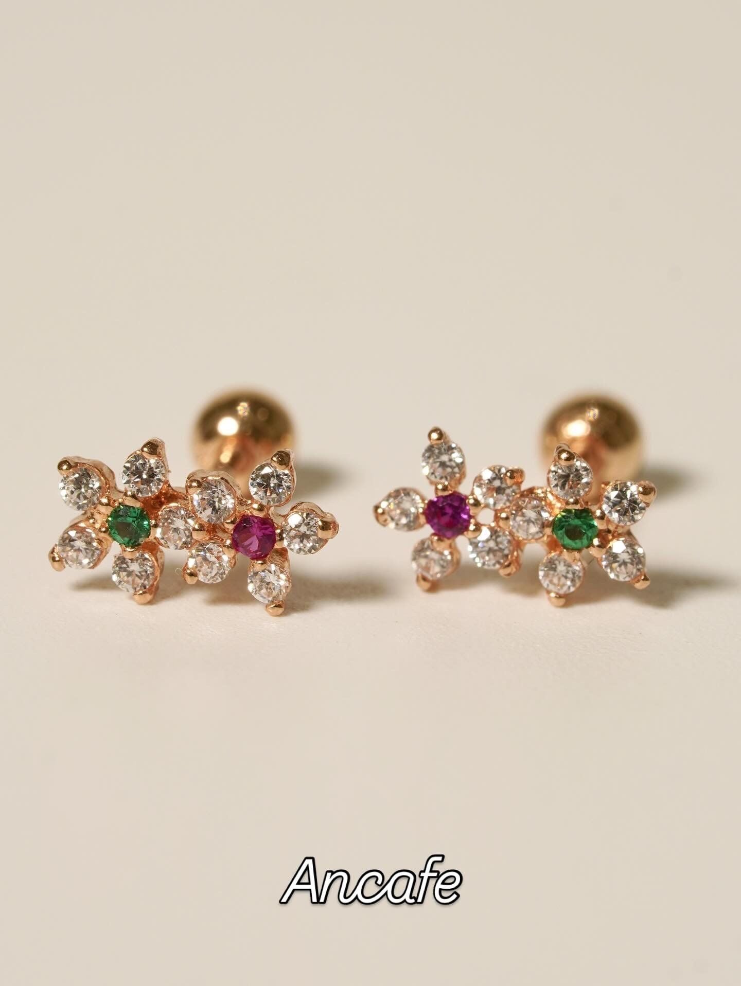 Hoa tai vàng 14K 2 bông hoa ghép