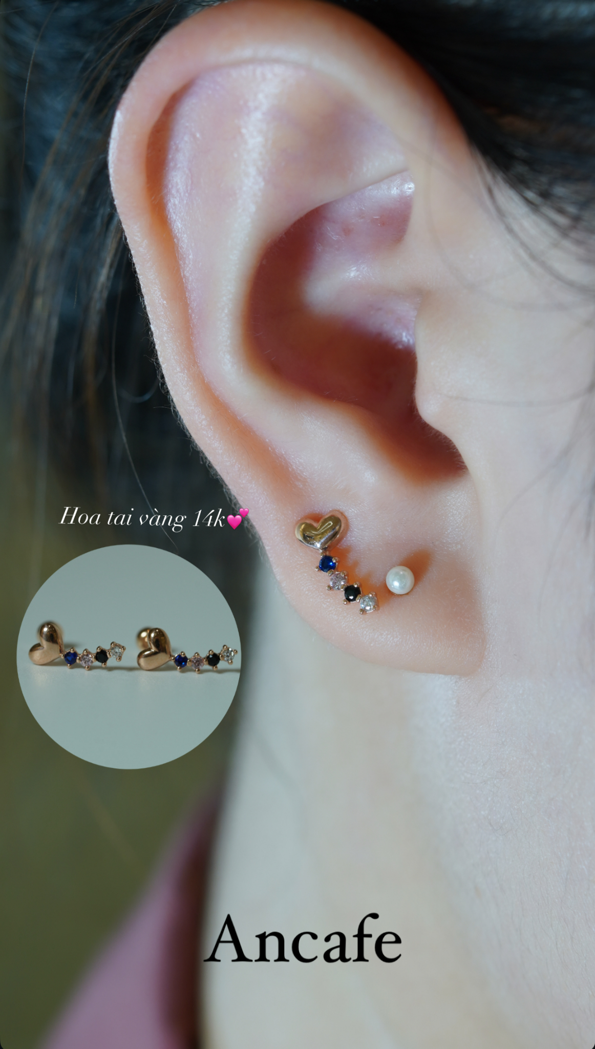 Hoa tai vàng 14K trái tim vàng 4 viên đá