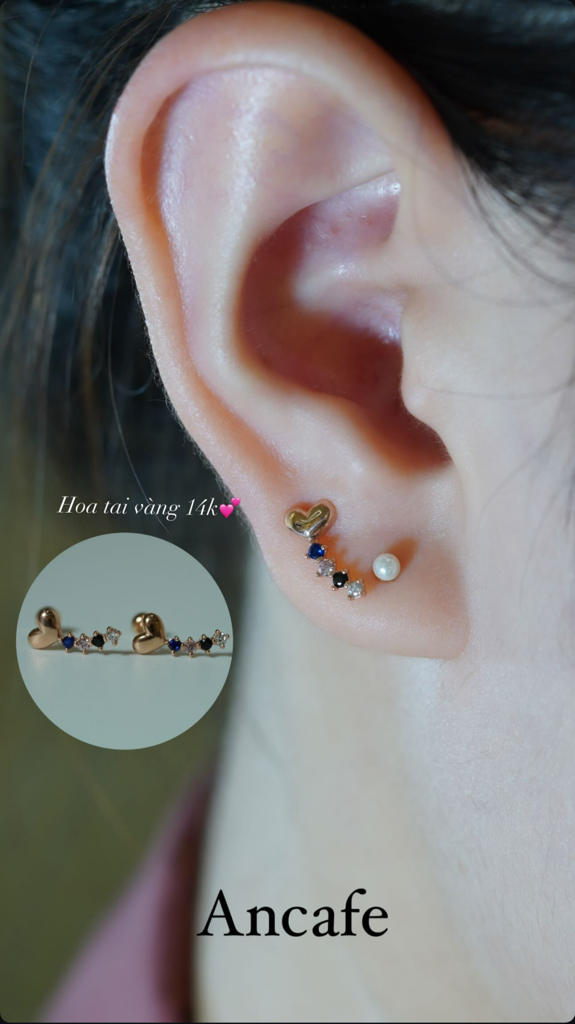 Hoa tai vàng 14K trái tim vàng 4 viên đá