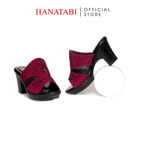 Dép Nữ Đế PU Đen Siêu Nhẹ Cao 7cm Hanatabi Quai Lưới Đính Đá Bigsize (36-41) Mã HNDE7F1233