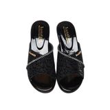 Dép Nữ Đế PU Đen Siêu Nhẹ Cao 5cm Hanatabi Quai Lưới Nhũ Đính Đá Bigsize (36-41) Mã HNDE5F1227