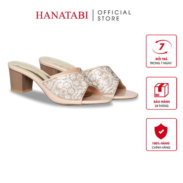 dép nữ cao gót lăn vân gỗ 5cm Hanatabi quai ngang đính đá đế TA cao cấp bigsize (35-41) mã HNDE5F1097