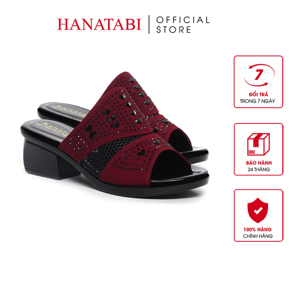 Dép Nữ Đế PU Đen Siêu Nhẹ Cao 5cm Hanatabi Quai Lưới Đính Đá Bigsize (36-41) Mã HNDE5F1167