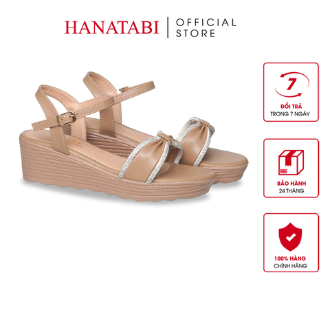 Giày Sandal Nữ Đế PU Siêu Nhẹ Cao 5cm Hanatabi Quai Ngang Nơ Đính Đá Hậu C (35-40) Mã HNSD5F1267