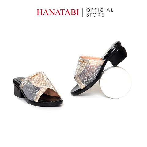 Dép Nữ Đế PU Đen Siêu Nhẹ Cao 5cm Hanatabi Quai Lưới Nhũ Bigsize (36-41) Mã HNDE5F1229