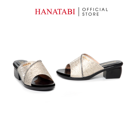 Dép Nữ Đế PU Đen Siêu Nhẹ Cao 5cm Hanatabi Quai Lưới Nhũ Đính Đá Bigsize (36-41) Mã HNDE5F1227