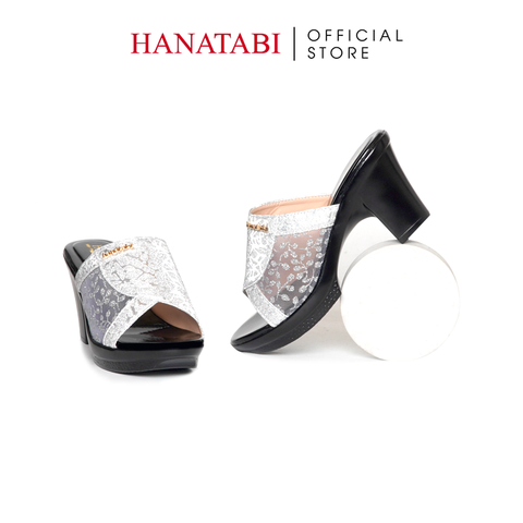 Dép Nữ Đế PU Đen Siêu Nhẹ Cao 7cm Hanatabi Quai Lưới Nhũ Bigsize (36-41) Mã HNDE7F1231