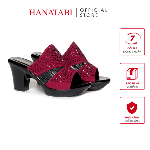 Dép Nữ Đế PU Đen Siêu Nhẹ Cao 7cm Hanatabi Quai Lưới Đính Đá Bigsize (36-41) Mã HNDE7F1233