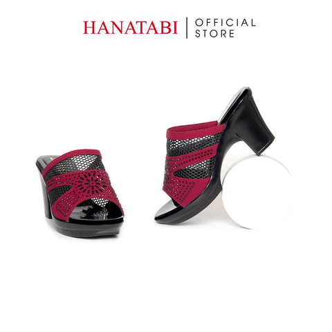 Dép Nữ Đế PU Đen Siêu Nhẹ Cao 7cm Hanatabi Quai Lưới Đính Đá Bigsize (36-41) Mã HNDE7F1230