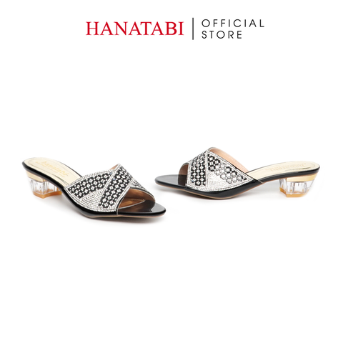 dép nữ cao gót mica 3cm Hanatabi quai ngang đính đá đế TA cao cấp bigsize (35-41) mã HNDE3F1094