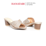 dép nữ cao gót lăn vân gỗ 5cm Hanatabi quai ngang đính đá đế TA cao cấp bigsize (35-41) mã HNDE5F1097