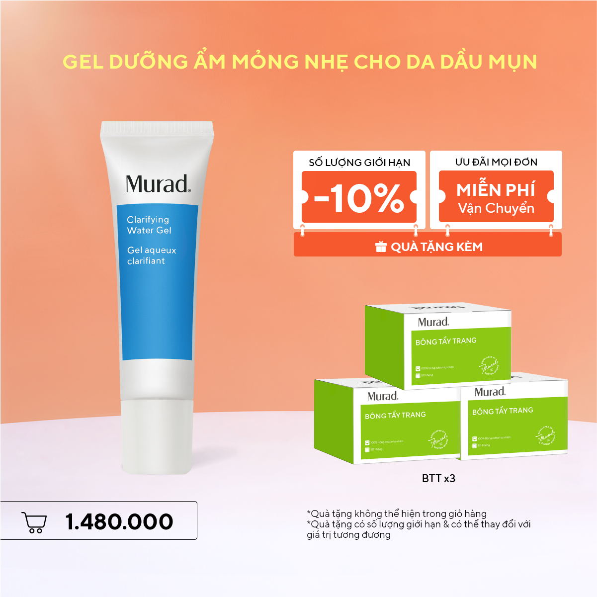 ACNE - Kem dưỡng ẩm dạng gel mỏng nhẹ cho da dầu mụn Murad Clarifying Water Gel 60ml