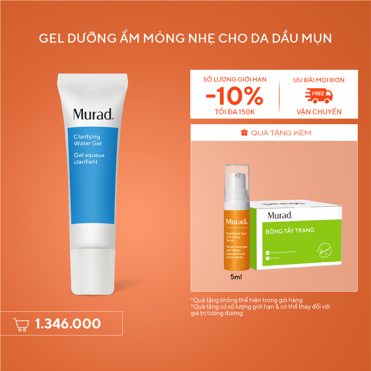 ACNE - Kem dưỡng ẩm dạng gel mỏng nhẹ cho da dầu mụn Murad Clarifying Water Gel 60ml