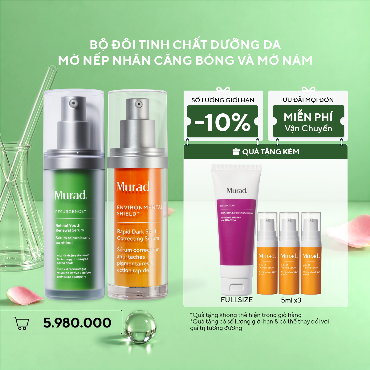Bộ đôi tinh chất dưỡng da mờ nếp nhăn, căng bóng và mờ nám - Retinol Serum + Rapid Dark Sot