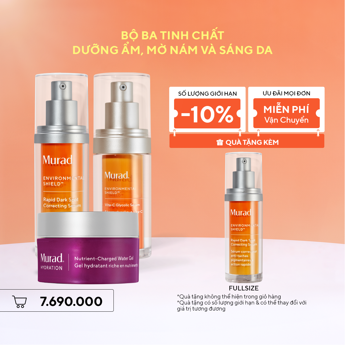 Bộ ba tinh chất dưỡng ẩm, mờ nám và sáng da - Rapid Dark Spot & Tinh chất sáng da Vita-C & Kem dưỡng ẩm Nutrient-Charged Water Gel