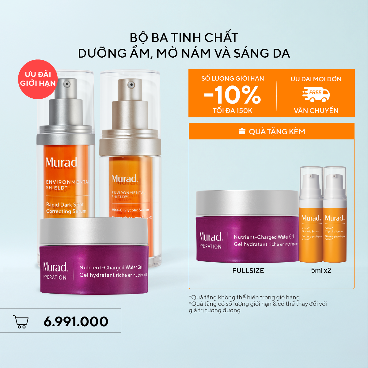 Bộ ba tinh chất dưỡng ẩm, mờ nám và sáng da - Rapid Dark Spot & Tinh chất sáng da Vita-C & Kem dưỡng ẩm Nutrient-Charged Water Gel