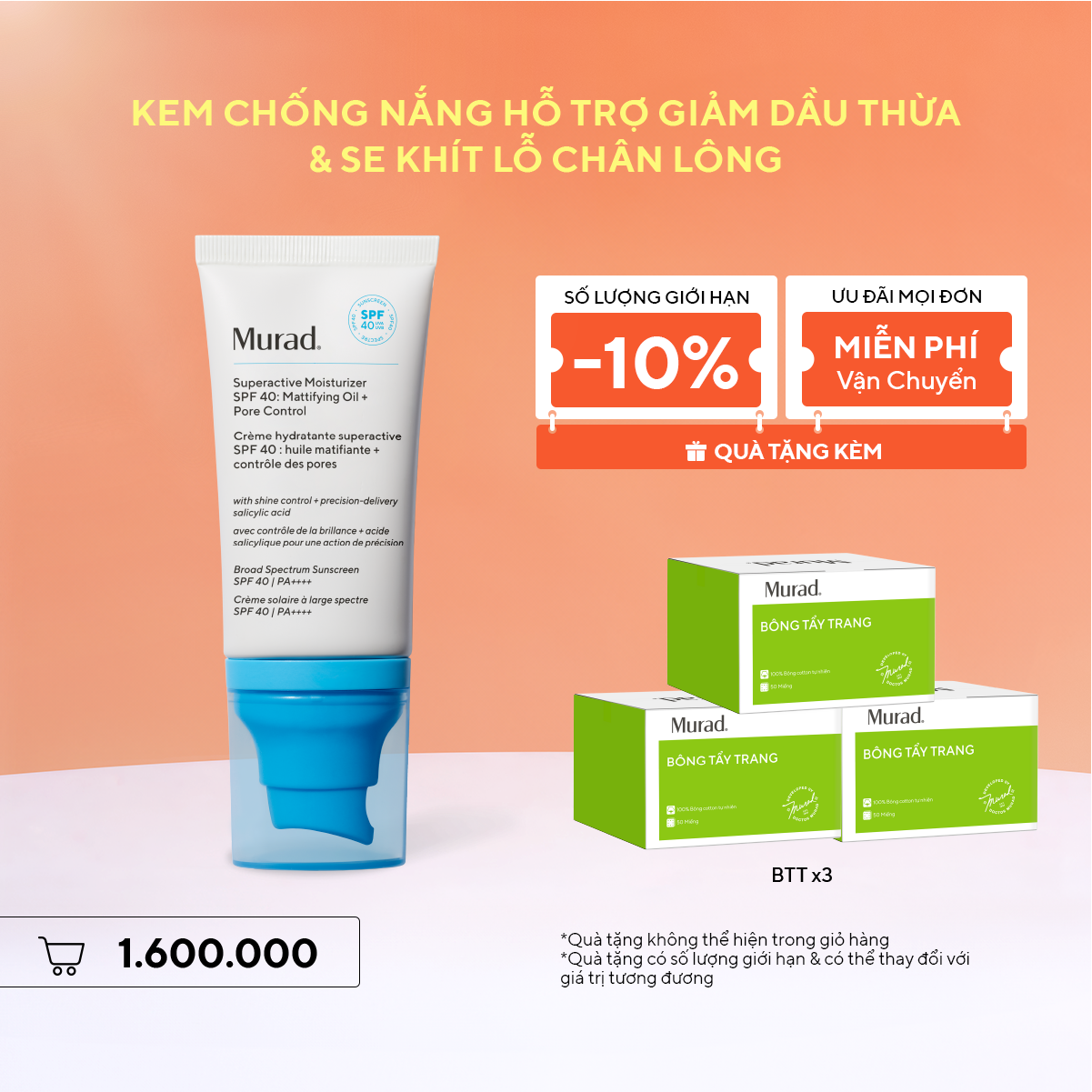 ACNE - Kem Chống Nắng Hỗ Trợ Giảm Dầu Thừa & Se Khít Lỗ Chân Lông - Murad Superactive Moisturizer SPF40 50ML