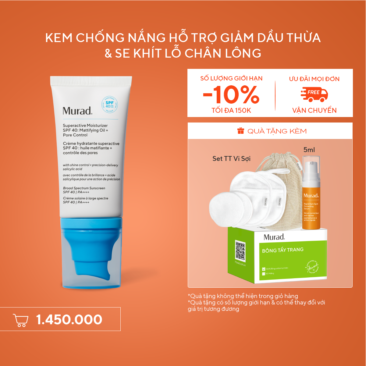 ACNE - Kem Chống Nắng Hỗ Trợ Giảm Dầu Thừa & Se Khít Lỗ Chân Lông - Murad Superactive Moisturizer SPF40 50ML
