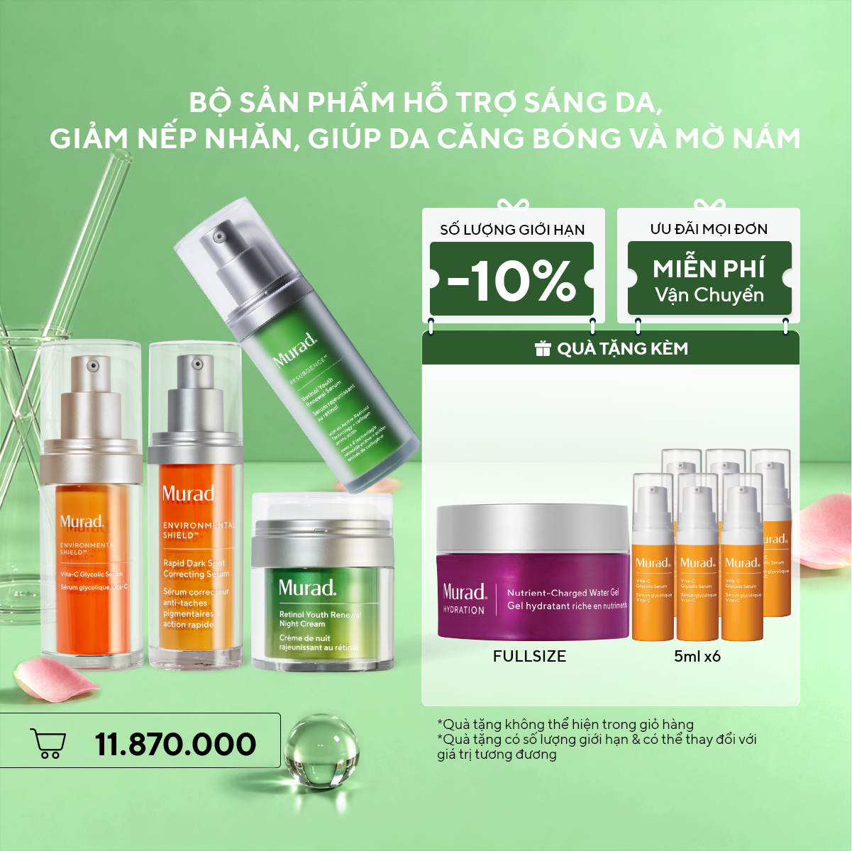 Bộ sản phẩm hỗ trợ sáng da, giảm nếp nhăn, giúp da căng bóng và mờ nám