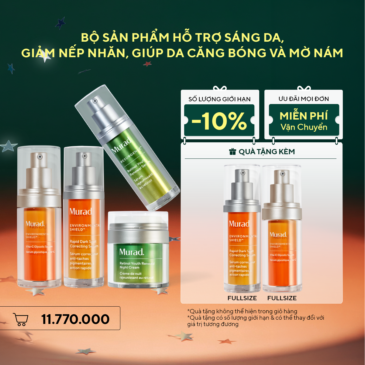 Bộ sản phẩm hỗ trợ sáng da, giảm nếp nhăn, giúp da căng bóng và mờ nám
