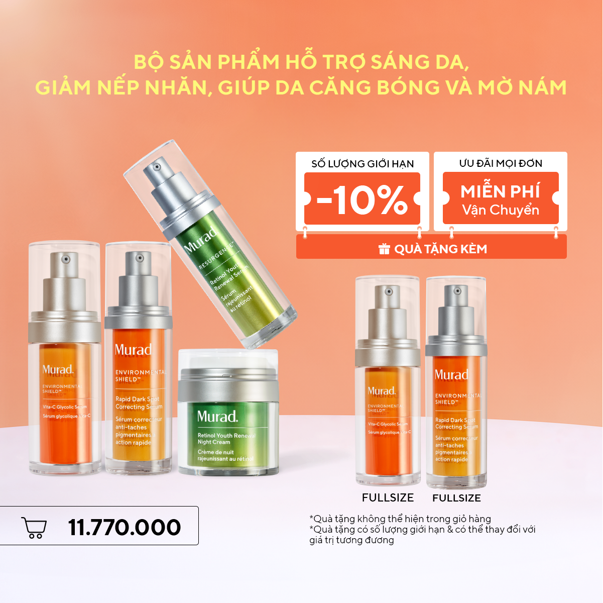 Bộ sản phẩm hỗ trợ sáng da, giảm nếp nhăn, giúp da căng bóng và mờ nám