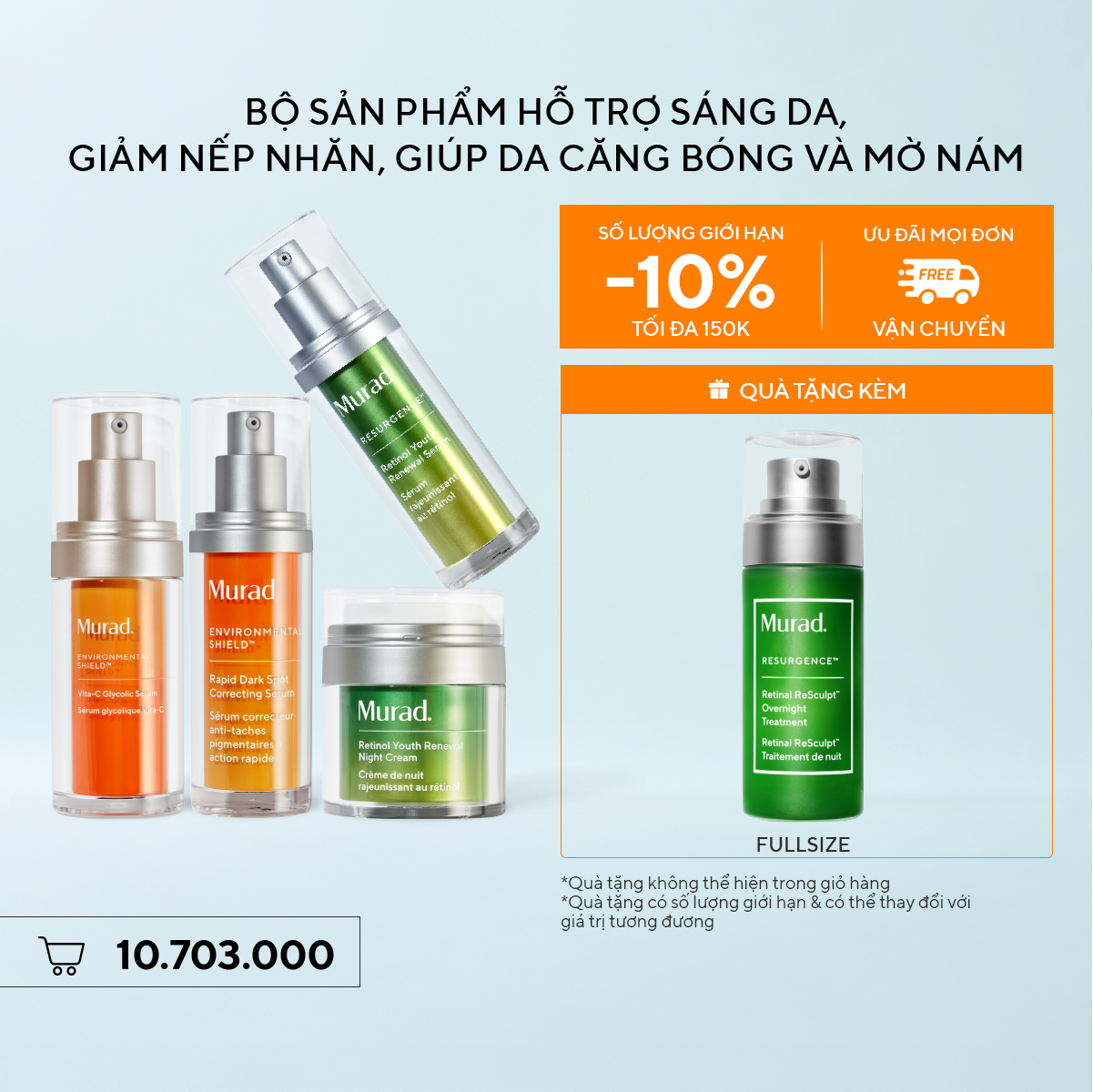 Bộ sản phẩm hỗ trợ sáng da, giảm nếp nhăn, giúp da căng bóng và mờ nám