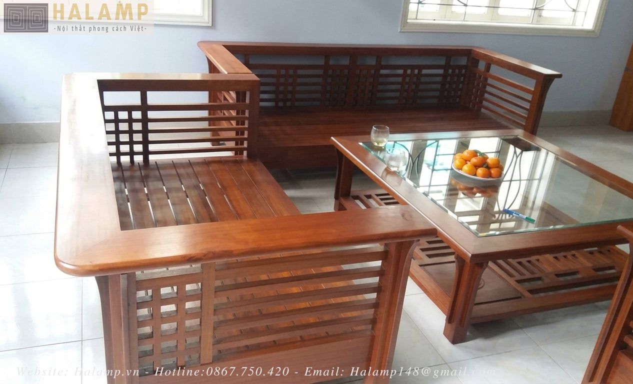  Sofa gỗ Việt hiện đại cho phòng khách rộng Halamp SF031 