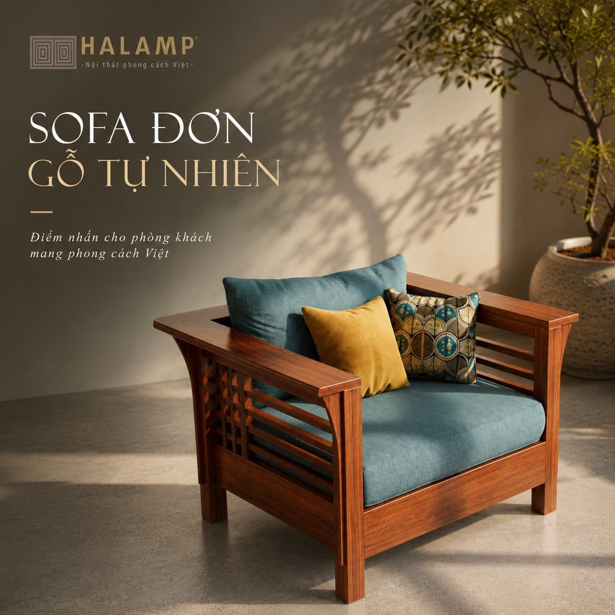  Sofa gỗ Việt hiện đại cho phòng khách rộng Halamp SF031 