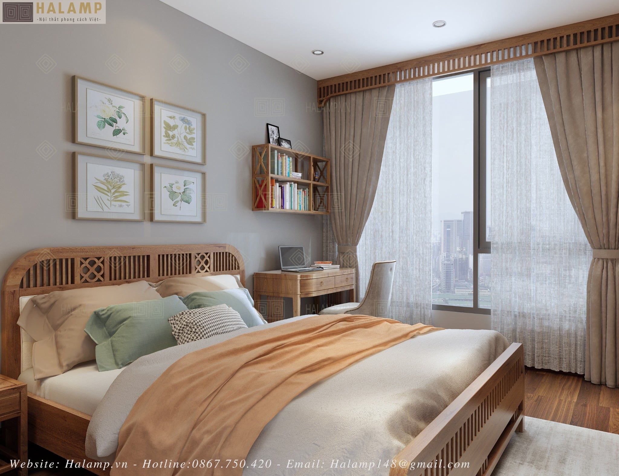  Mẫu giường ngủ gỗ Sồi tự nhiên Halamp 04S 