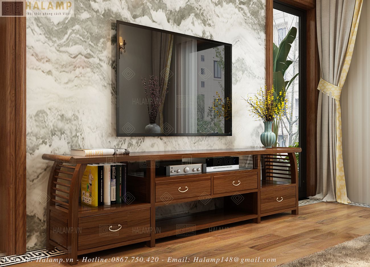  Kệ ti vi gỗ phòng khách phong cách Việt truyền thống Halamp KTV003 