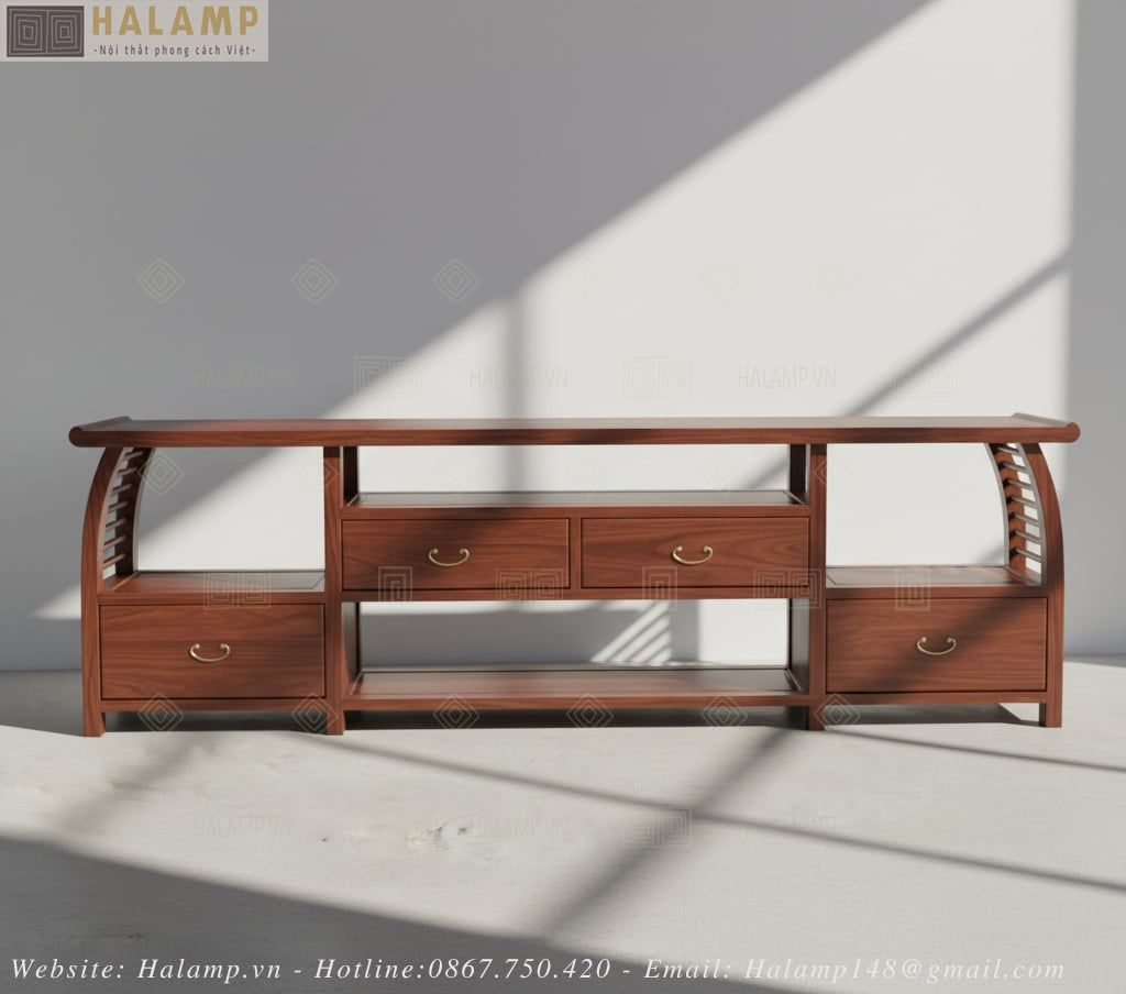  Kệ ti vi gỗ phòng khách phong cách Việt truyền thống Halamp KTV003 