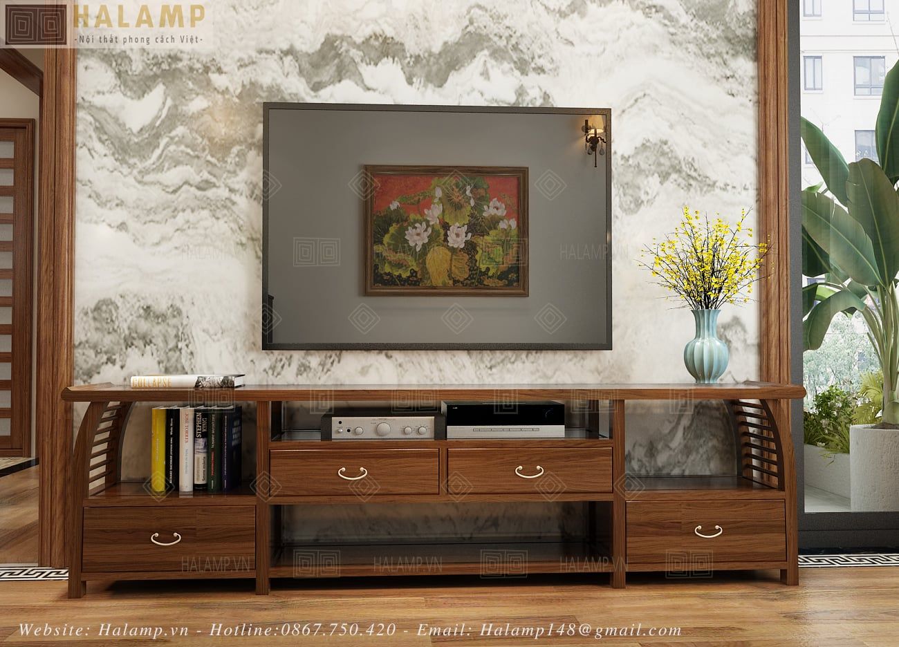  Kệ ti vi gỗ phòng khách phong cách Việt truyền thống Halamp KTV003 