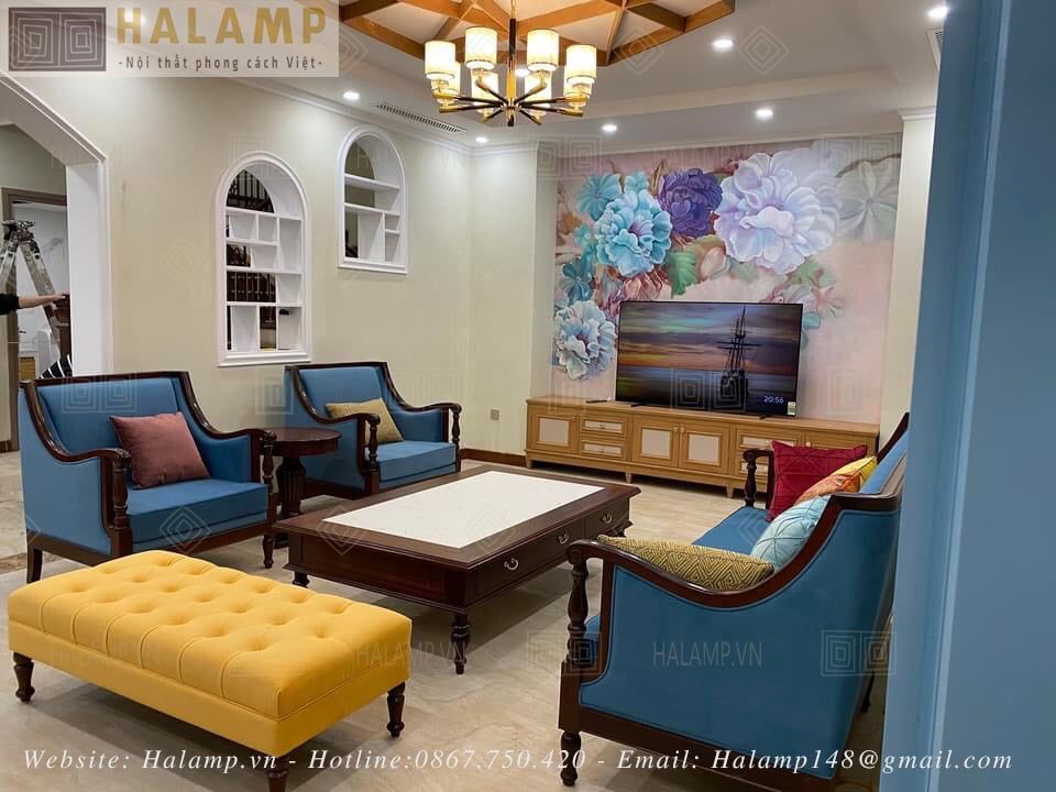  Mẫu sofa gỗ indochine cổ điển Halamp SF022 