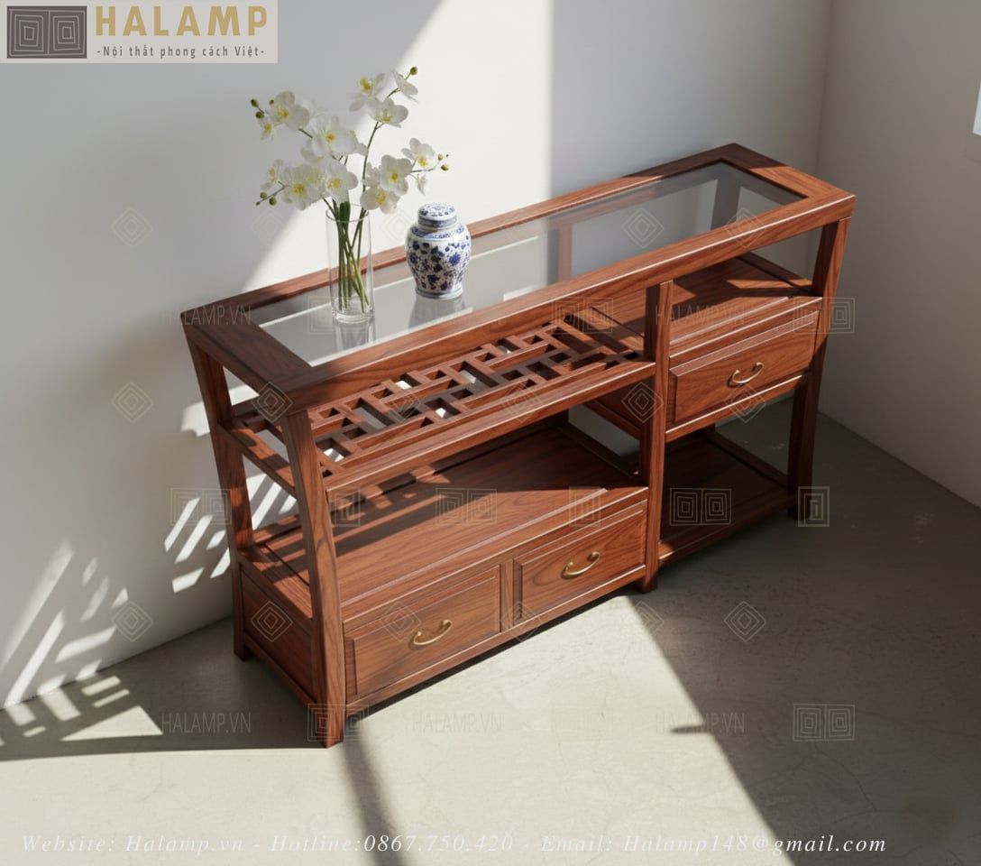  Tủ Console Gỗ Tự Nhiên Mặt Kính Họa Tiết Á Đông C010 
