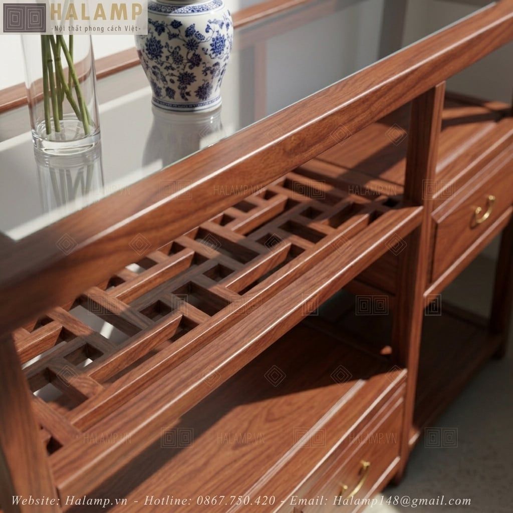  Tủ Console Gỗ Tự Nhiên Mặt Kính Họa Tiết Á Đông C010 