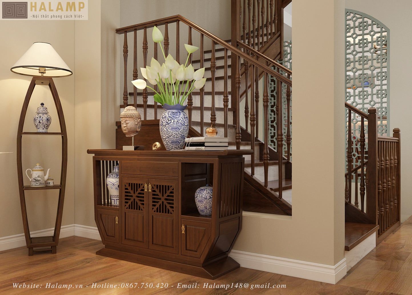  Tủ Console Gỗ Tự Nhiên Cánh Nan Quạt Phong Cách Việt Đương Đại C006 