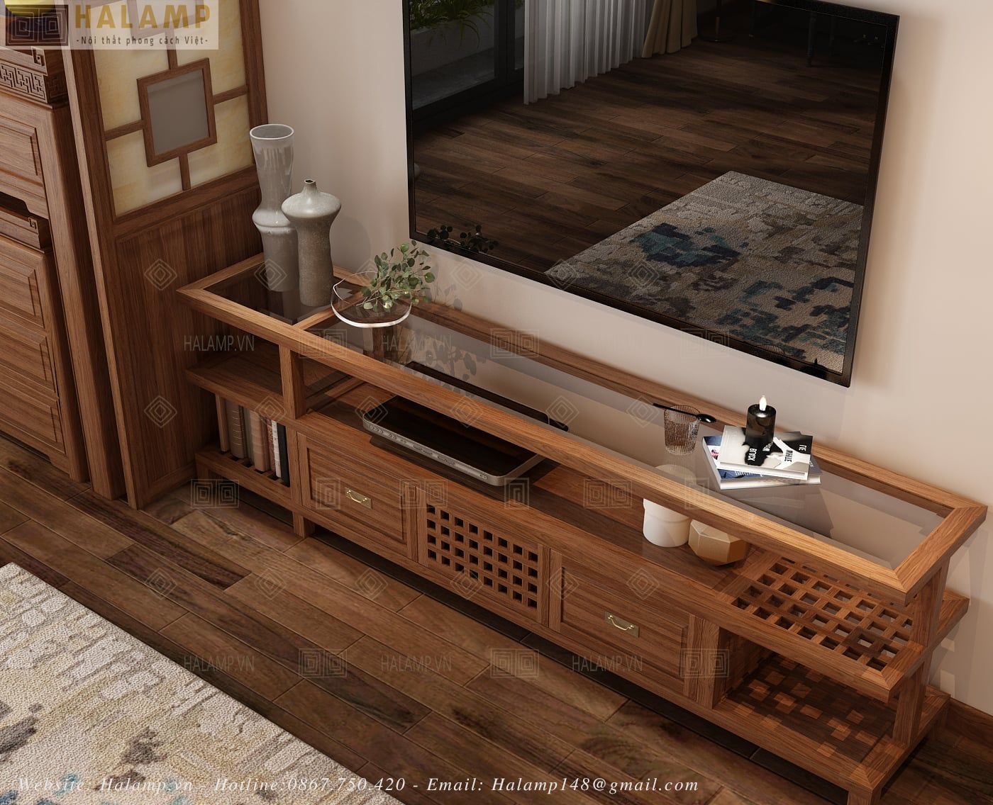  Mẫu tủ kệ ti vi gỗ tự nhiên hiện đại nội thất gỗ Việt KTV007 