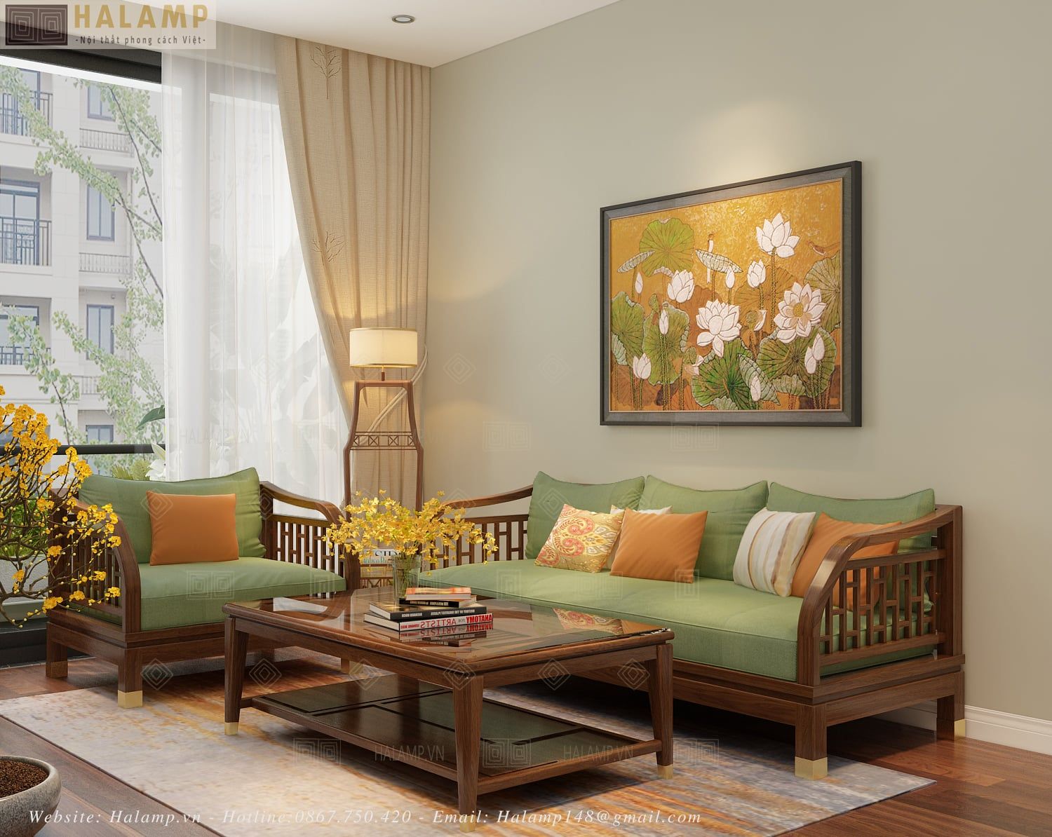  Sofa gỗ Việt nhẹ nhàng tinh tế Halamp SF025 