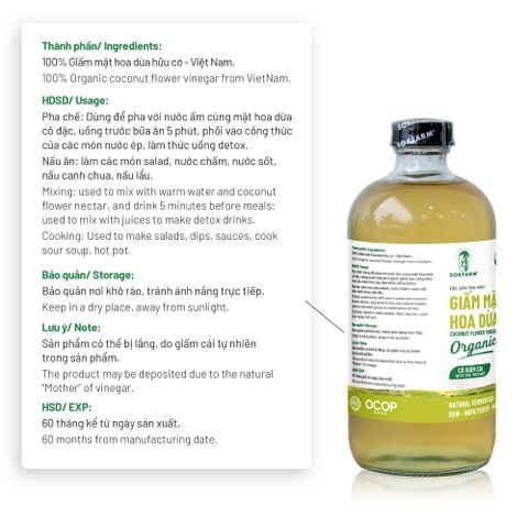  Giấm mật hoa dừa organic Sokfarm 500ml 