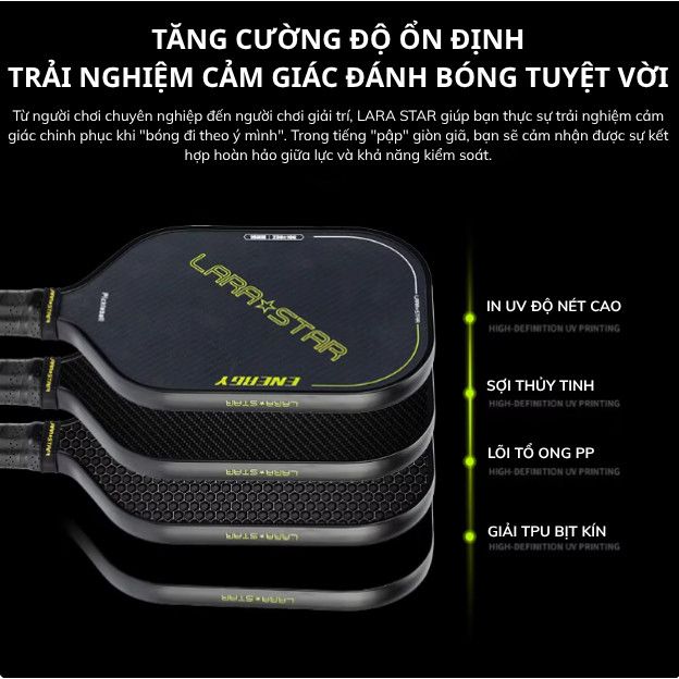  Combo Vợt + Bóng Pickleball Lara Star siêu nhẹ 220G, sợi thủy tinh/carbon dày 11-16mm 