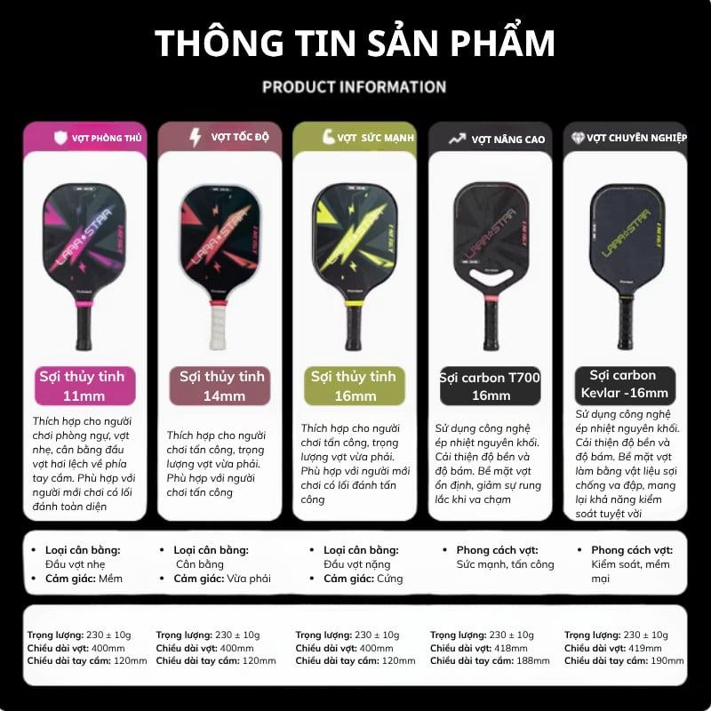  Combo Vợt + Bóng Pickleball Lara Star siêu nhẹ 220G, sợi thủy tinh/carbon dày 11-16mm 